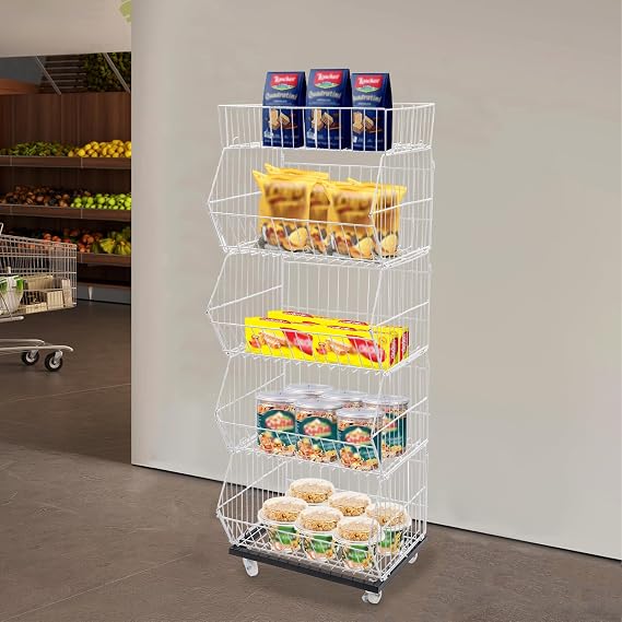Candy Display Organizer,5 Tier Retail Display Rack Stand, Snack Rack, Basket Stand Cart for Store Kitchen,Freestanding Supermarket Retail Display Shelf with 4 Pulleys (2 with Brakes) (White)