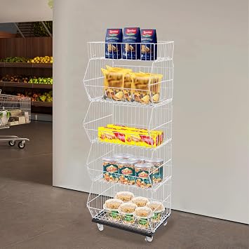 Candy Display Organizer,5 Tier Retail Display Rack Stand, Snack Rack, Basket Stand Cart for Store Kitchen,Freestanding Supermarket Retail Display Shelf with 4 Pulleys (2 with Brakes) (White)