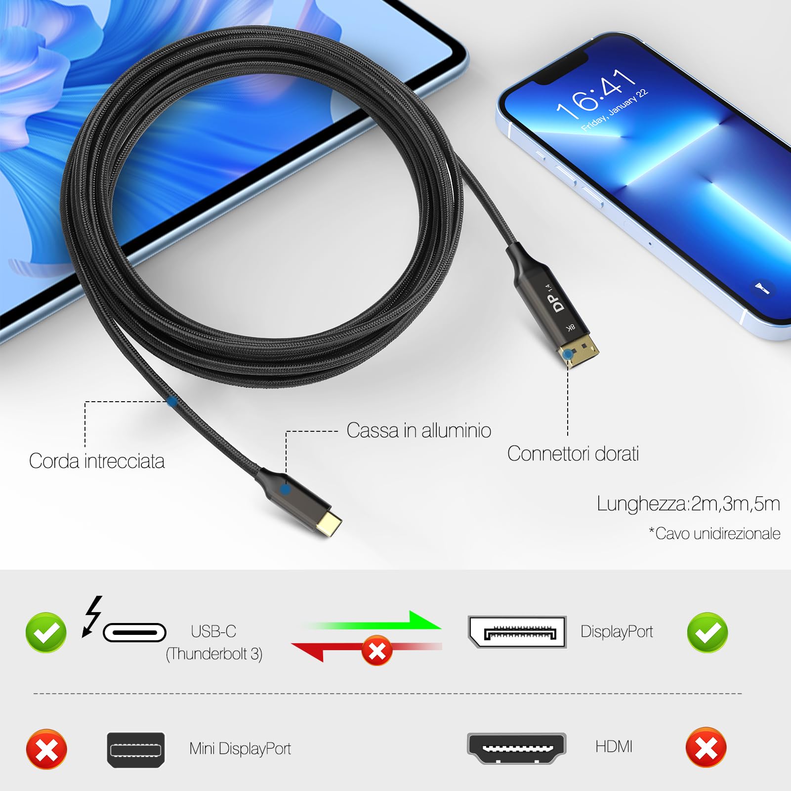 Ablink Cavo da USB C a DisplayPort 1.4 5m,[8K@60 Hz,4K@240Hz/144Hz] Cavo Thunderbolt 4/3 a DP 32.4Gbps HDR,Compatibile con iPhone 16/15, iMac, MacBook Pro Max,iPad Pro Air Galaxy S24,Surface XPS