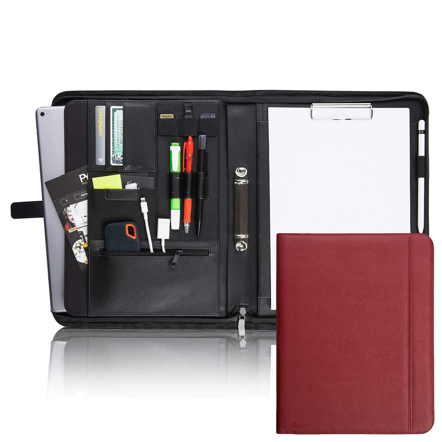 Vebon® Schreibmappe Ringbuch A4"Paris" I Reißverschluss + Klemmbrett I Dokumentenmappe + Laptoptasche I extra Stauraum I Kunstleder