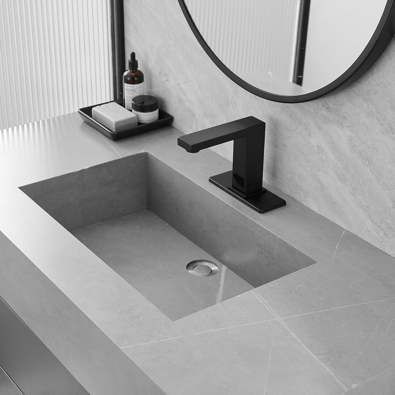 Touchless Bathroom Faucets Commercial Sink Faucet with Hole Cover Plate Temperature Mixer Battery or Plug-in Powered Automatic Motion Sensor Faucet Matte Black