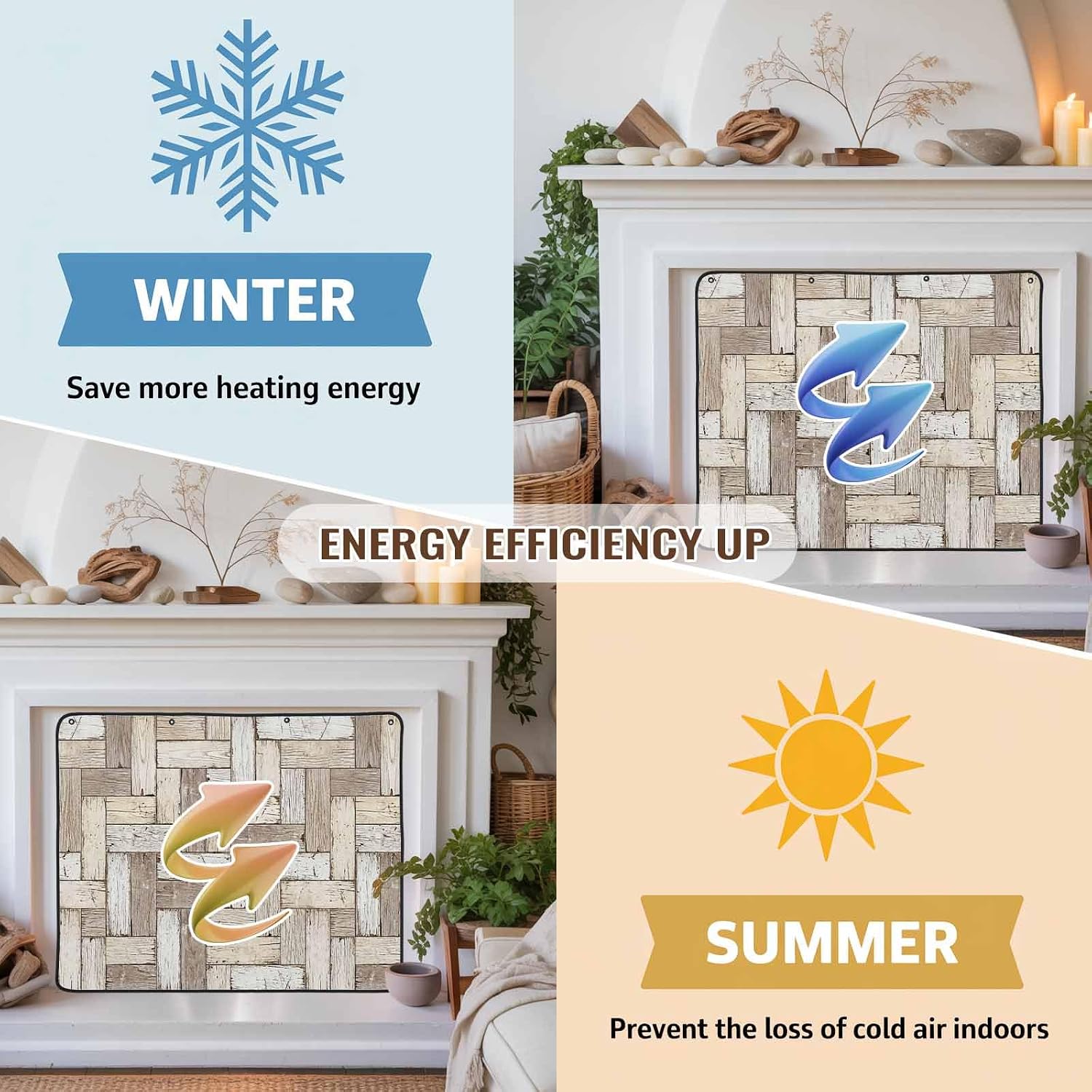 Magnetic Fireplace Cover Beige Wood Grain Fireplace Screen Decorative Rustic Wooden Plank Insulation Fireplace Blocker Blanket Save Energy Fireplace Draft Stopper Covers for Living Room 36x30 Inch