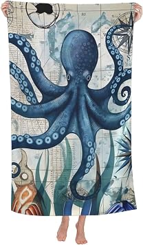 Octopus Nautical Beach Towel 31inx51in, Vintage Marine Life Sand-Free Microfiber Bath Towel Ultra Soft Quick Dry Pool Towel Absorbent Towel Lightweight Towel for Swimming Bathroom Decor