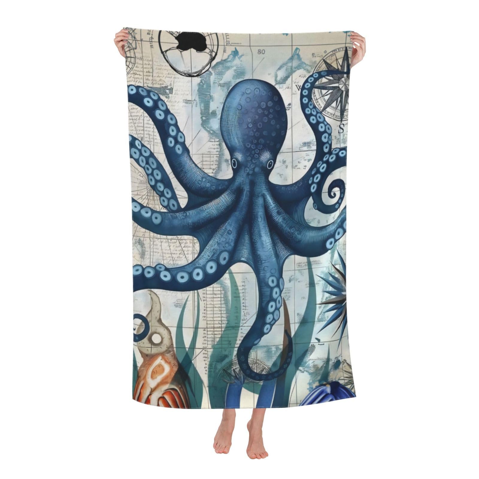 HLBSDM Octopus Nautical Beach Towel 31inx51in Vintage Marine Life Sand Free Microfiber Bath Towel Ultra Soft Quick Dry Pool Towel Absorbent Towel Lightweight Towel for Swimming Bathroom Decor