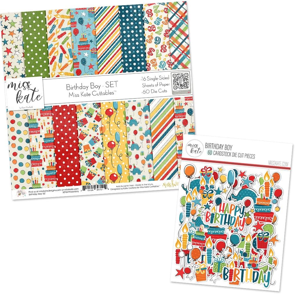 Die Cuts & Paper Set - Birthday Boy - by Miss Kate Cuttables - 16 Sheets of 12"x12" Premium Specialty Paper & Over 60 Coordinating Die Cuts - Exclusive Original Matching Set