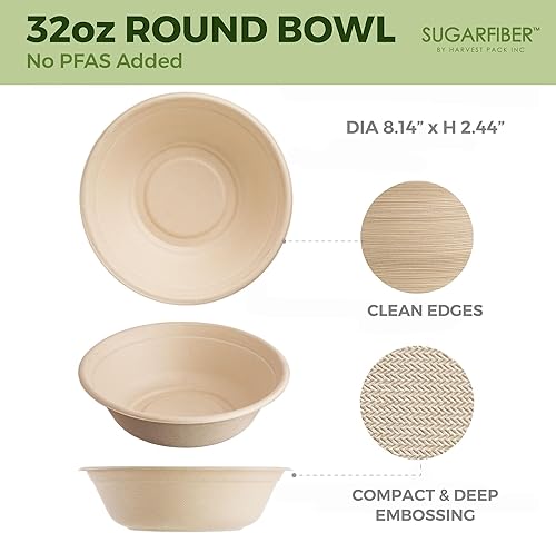 Miniatura 2 de Harvest - Tazones de papel redondos de 32 onzas sin PFAS de fibra de azúcar, compostables, resistentes, ecológicos, desechables, con fibras