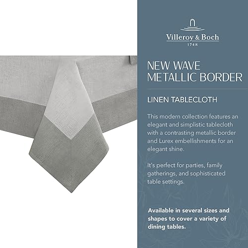 Miniatura 2 de Elrene Home Fashions Villeroy and Boch New Wave - Mantel de tela de lino con borde metálico, redondo, 90 pulgadas, blanco/plateado
