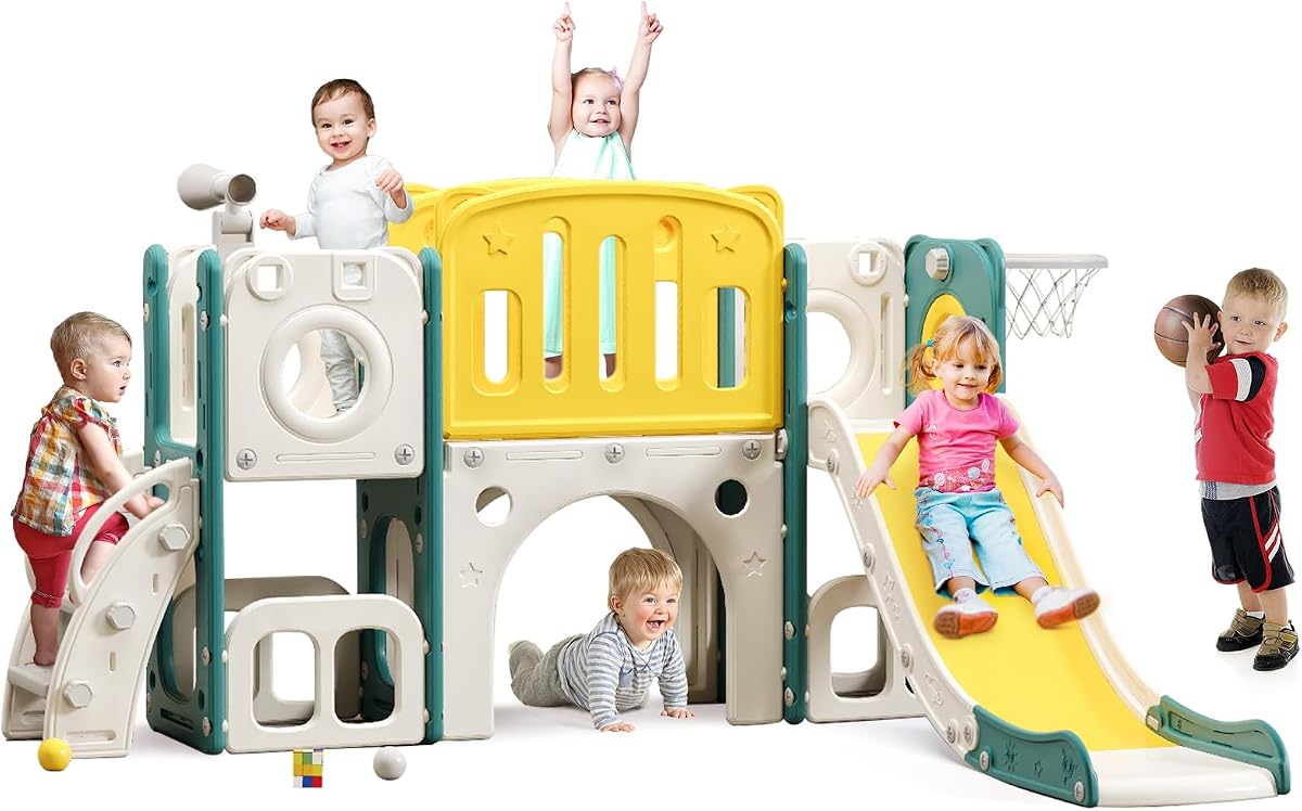 Juego de tobogán para niños pequeños 8 en 1, tobogán para niños pequeños, juego de tobogán escalador para niños pequeños con aro de baloncesto, área de juegos interior al aire libre para niños pequeños mejorado