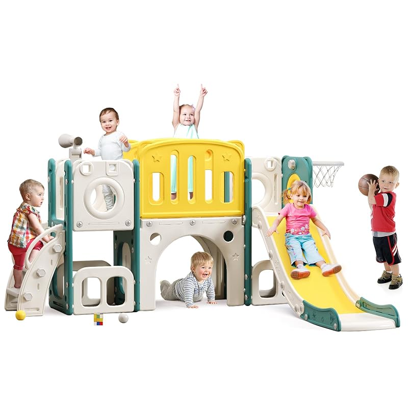 8 in 1 Toddler Slide Set, Kids Slide for Toddlers, Toddler Climber Slide PlaySet with Basketball Hoop,Outdoor Indoor Playground for Toddlers Upgraded Green