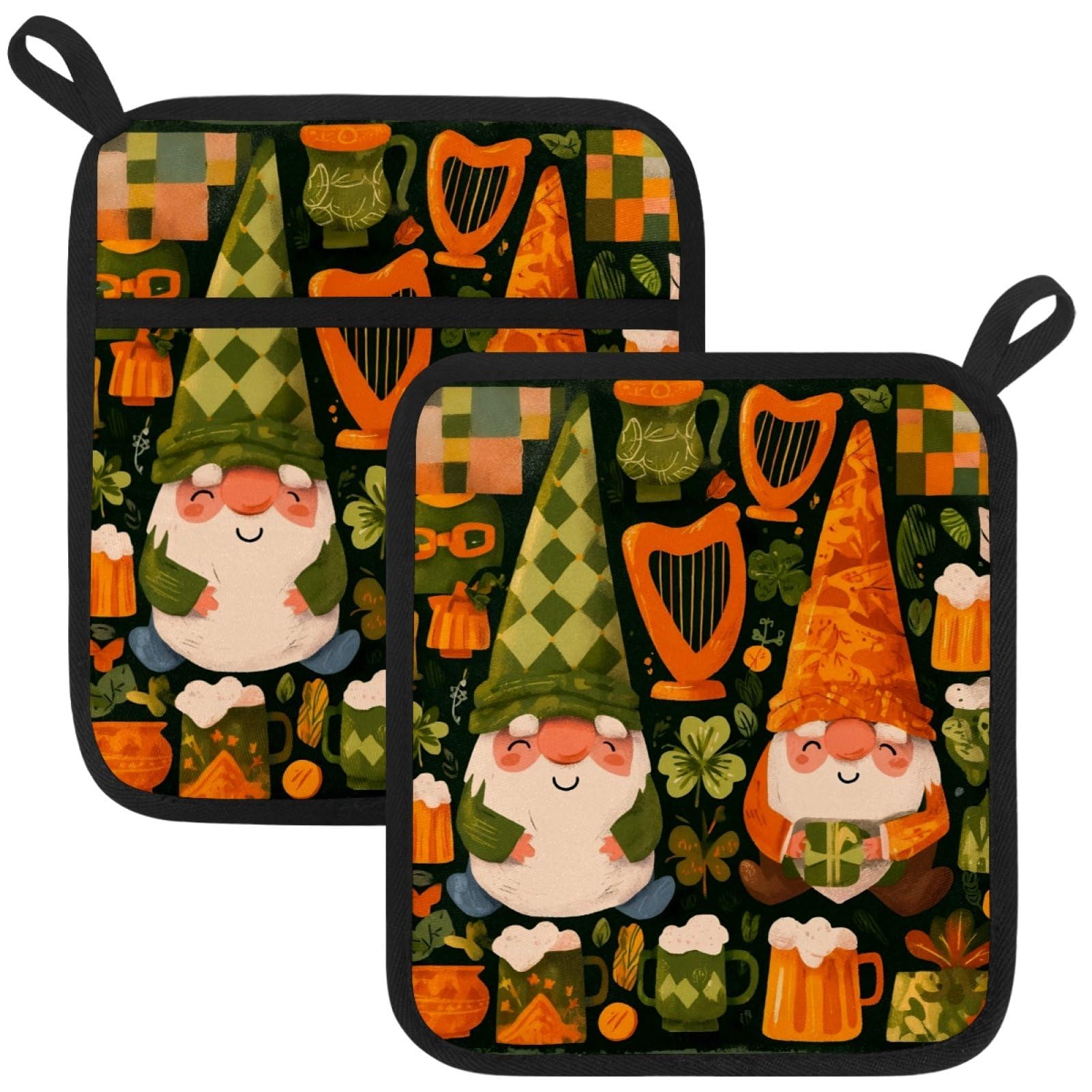 VAPOKF St. Patrick's Day Gnoms Heat Resistant Pot Holders, Thick Pot Holders Pad with Hanging Loop for Kitchen, Oven Cloth Pads for Kitchen Baking Microwave Oven