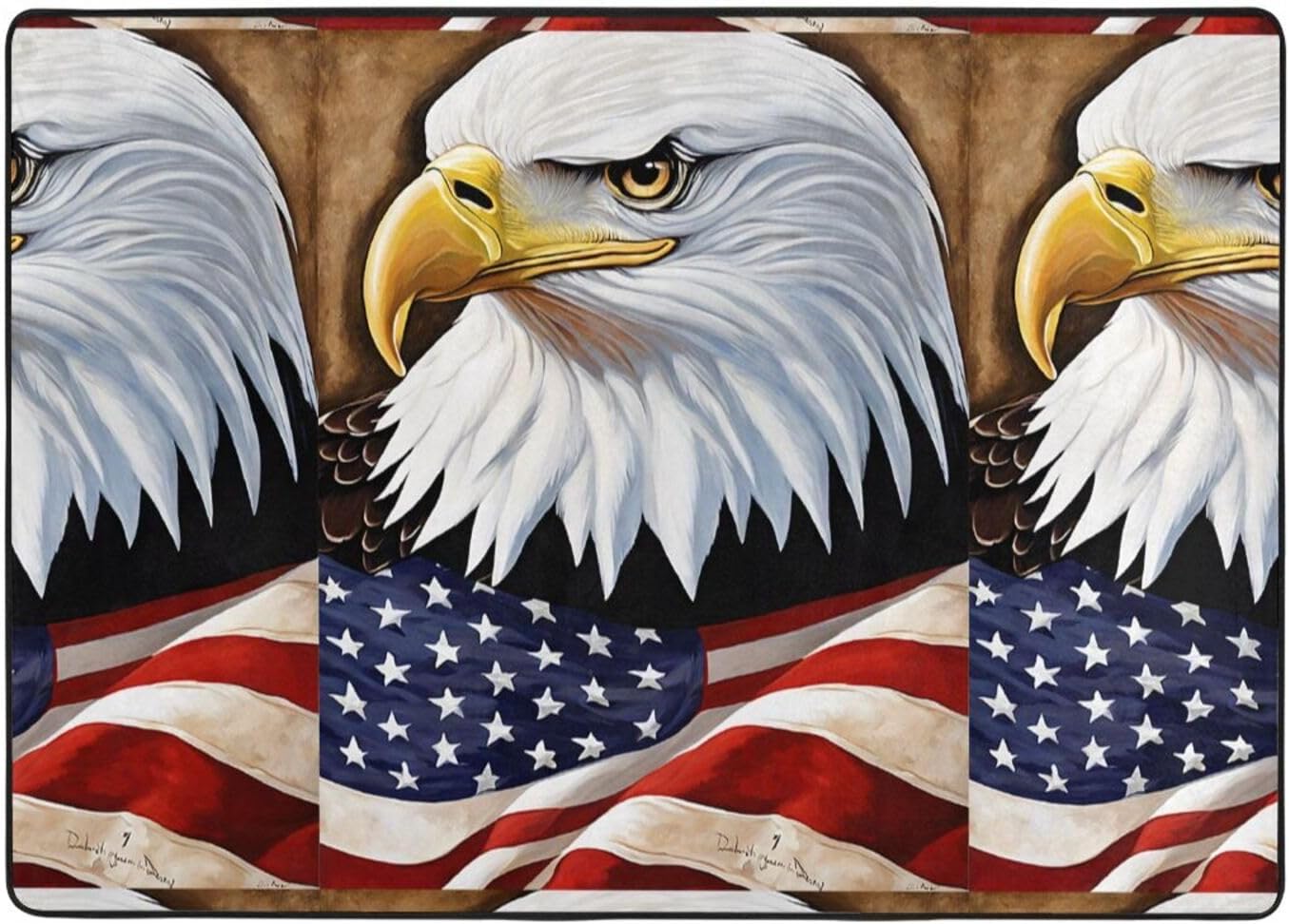 Flannel Non-Slip (Patriotic Bald Eagle with Flag) Rug Pad 80×50in Soft Washable Protective for Hardwood Floors Bedroom Bathroom Living Room