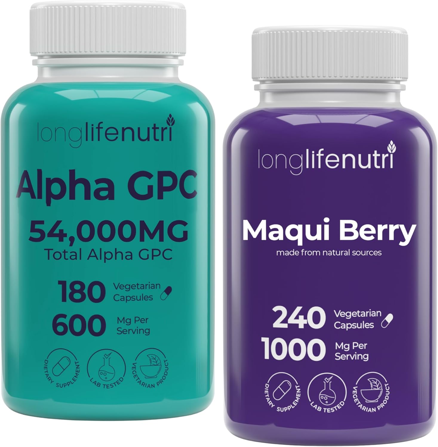 LongLifeNutri Alpha GPC 600 mg & Maqui Berry 1000 mg Bundle – 180 + 240 Veg Caps, 3 & 4 Month Supplies, Choline & Superfruit Antioxidant Support, Non-GMO, GMP Certified, Made in USA