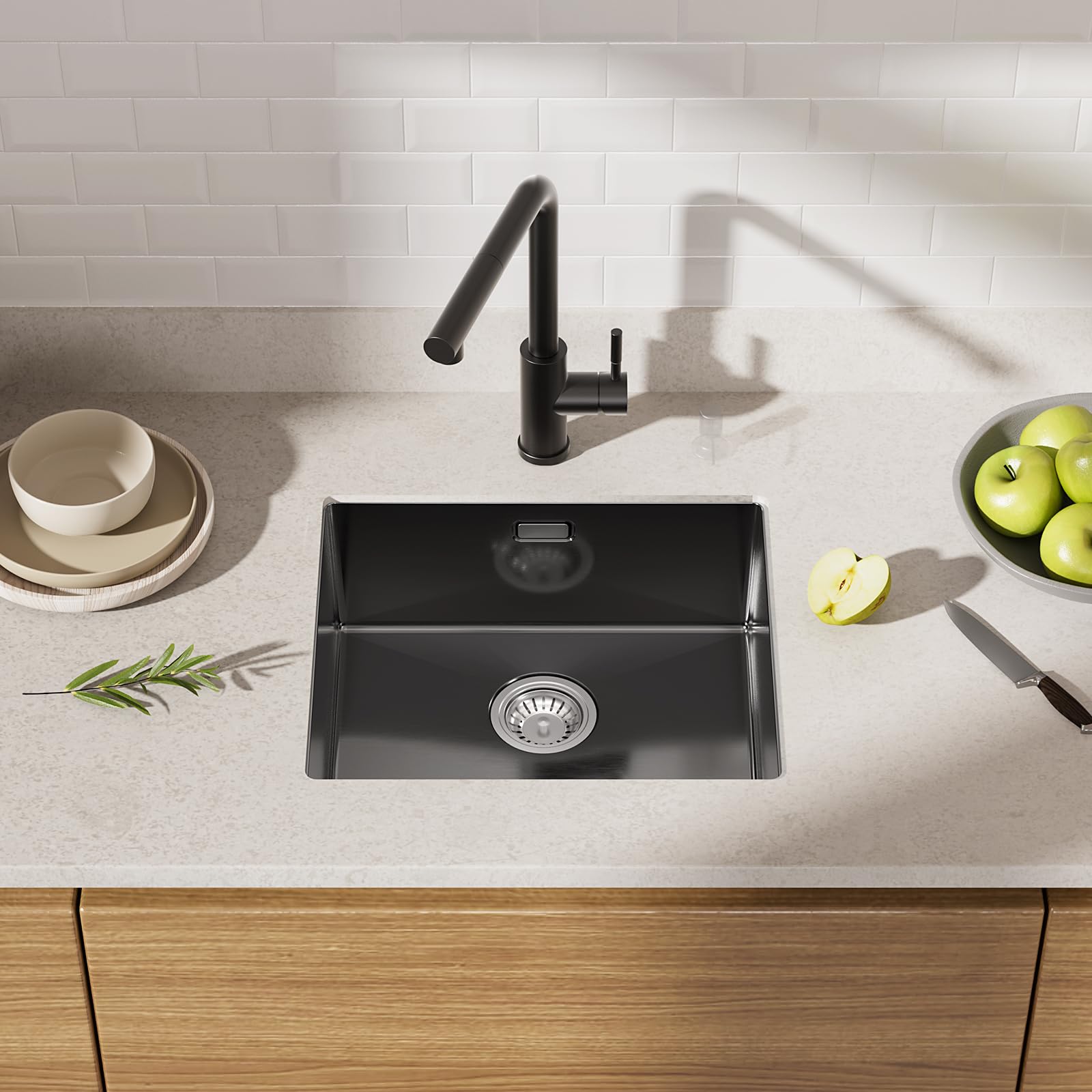 CECIPA Lavello Nero Antracite 50x44cm, Lavello Cucina in Acciaio Inox Angolare, Lavello Cucina in Acciaio Inox Lavello da Incasso Piccolo incluso Sifone, Lavabo Cucina da 50cm di Altezza senza