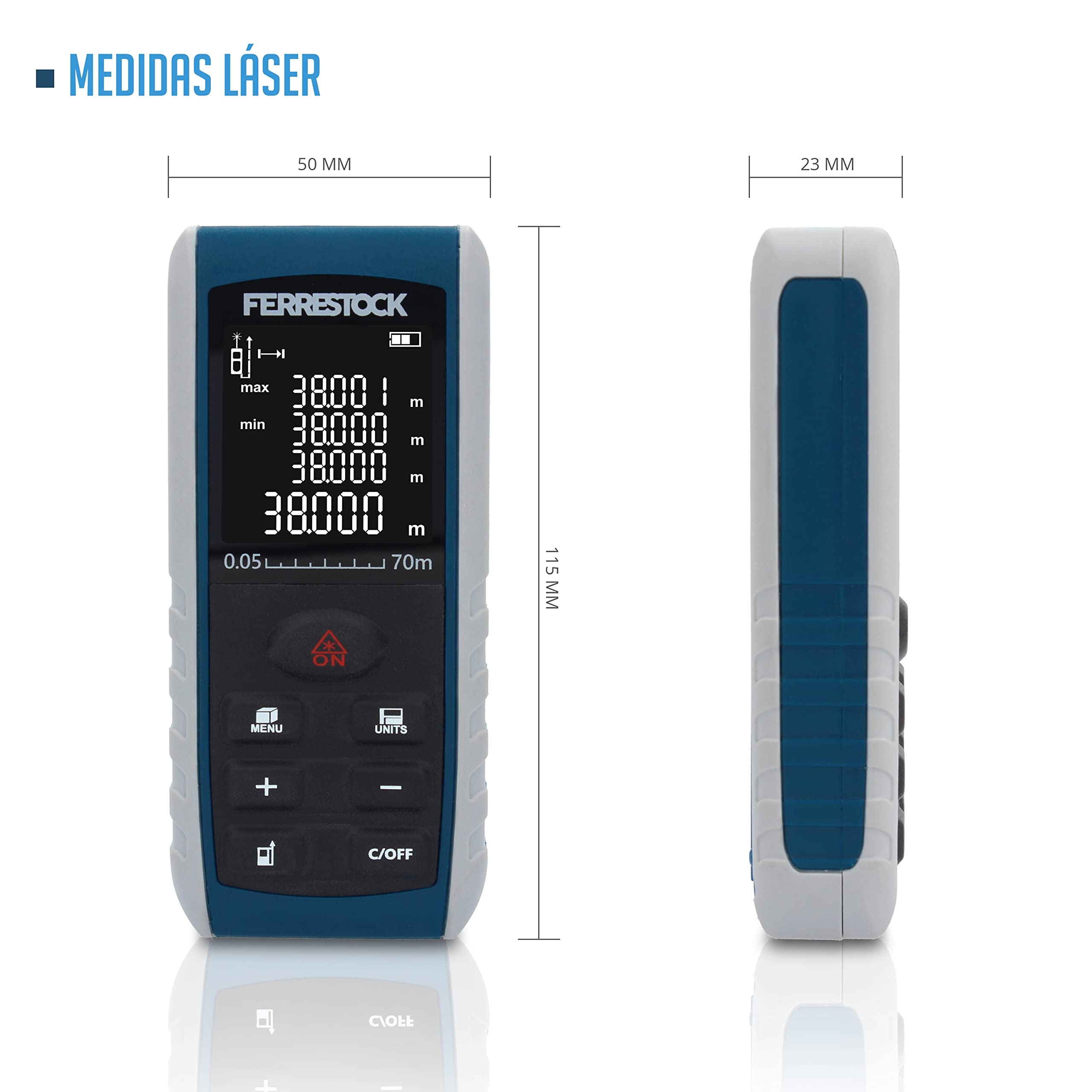 Ferrestock FSKLDM070 medidor láser de distancias de hasta 70 Metros, Pantalla LCD, 2 Puntos de Referencia, 7 Modos de medición, Nivel Digital y 99 memorias