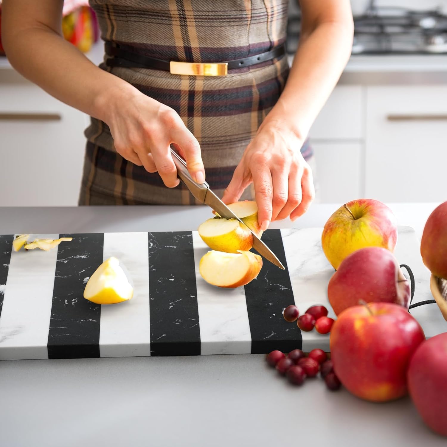 Patelai Marble Cutting Board for Kitchen Multi Purpose Striped Marble Board with Leather Tie 6 x 16 Serving Tray Stone Checkered Cutting for Kitchen Easy to Clean