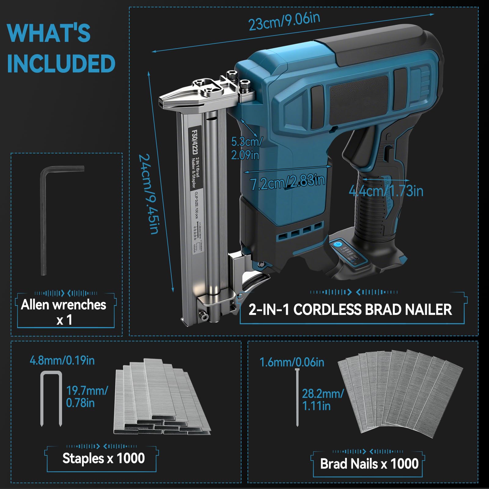 Chiodatrice Brad senza fili per batteria Makita da 18V, Pistola sparachiodi e punti metallici senza fili 2-in-1, Chiodatrice a batteria da 18GA con 1000 chiodi e 1000 punti metallici per miglioramento