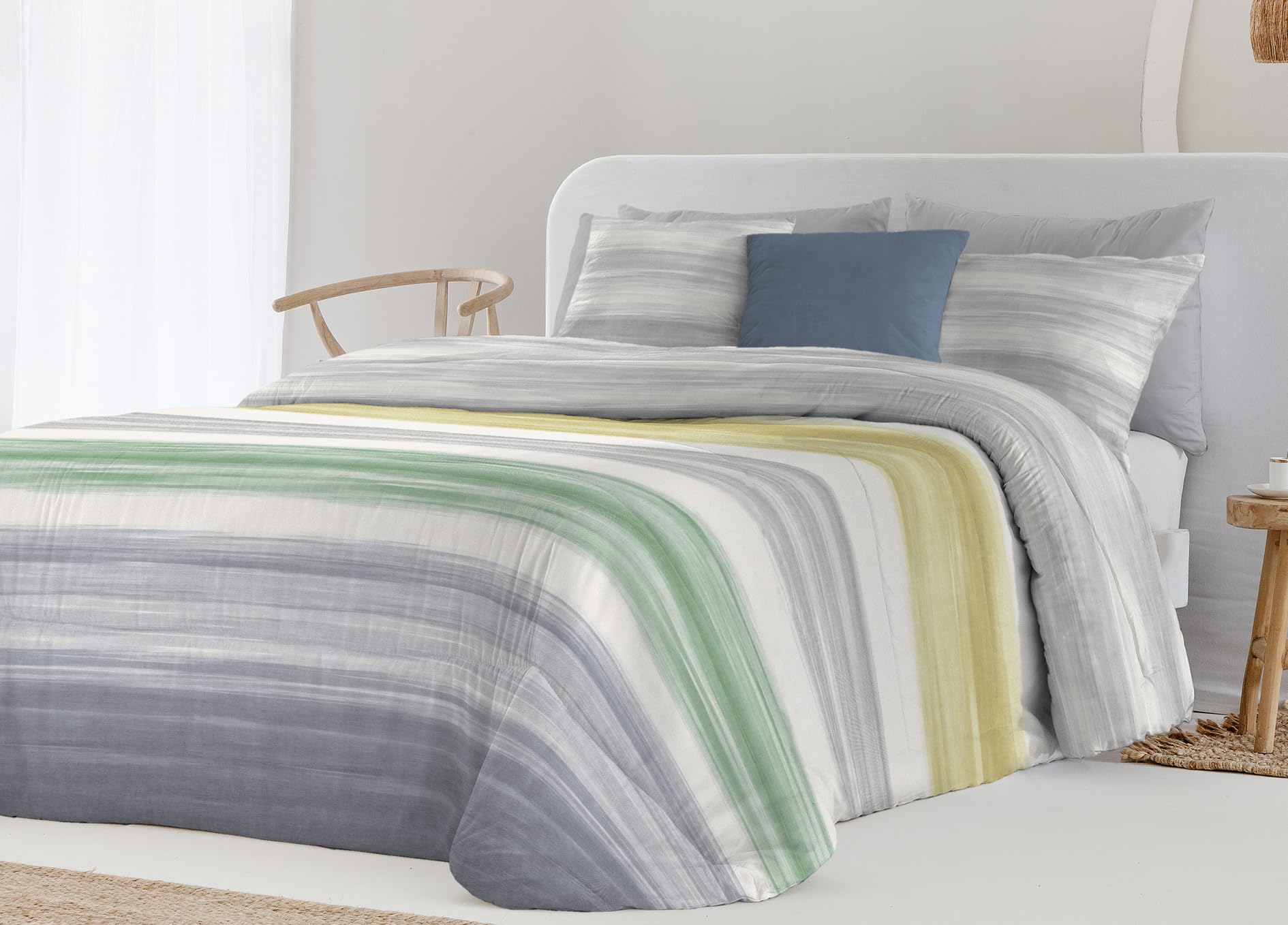 Edredón Cama 135 - Estampado Rayas - 235x270 cm - Color Gris - Reversible y Acolchado 300g/m² - Incluye 2 Fundas de Cojín Decorativo (Peter Gris)