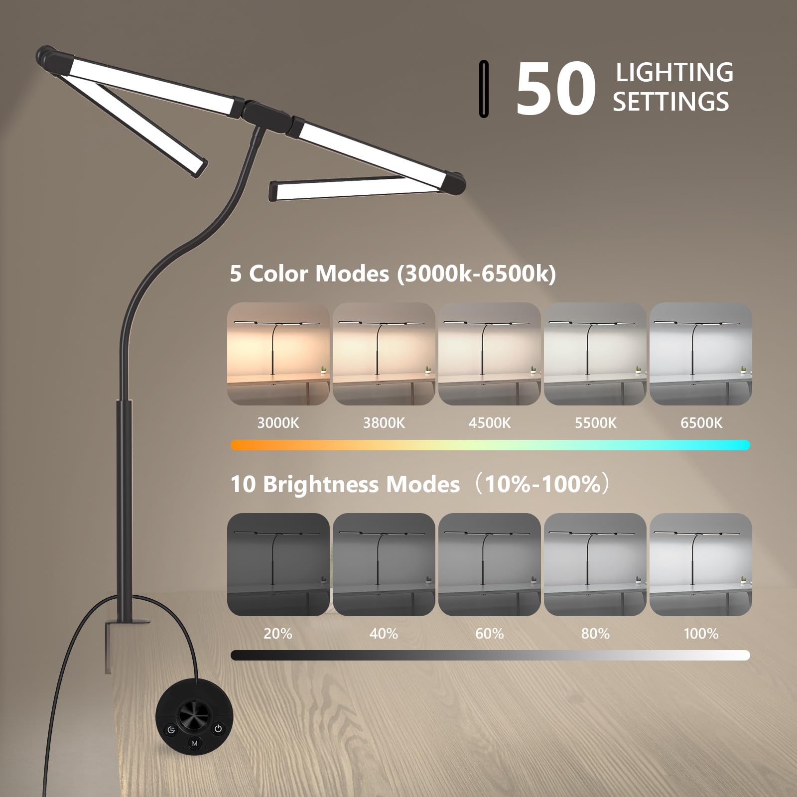 Comely Schreibtischlampe LED Dimmbar 24W, 120cm 2750LM Schreibtischlampen, 4-Led Schreibtischlampe Klemmbar mit 5 Farbtemperatur, Arbeitsplatzleuchte mit 10 Helligkeitsstufen, Schwarz
