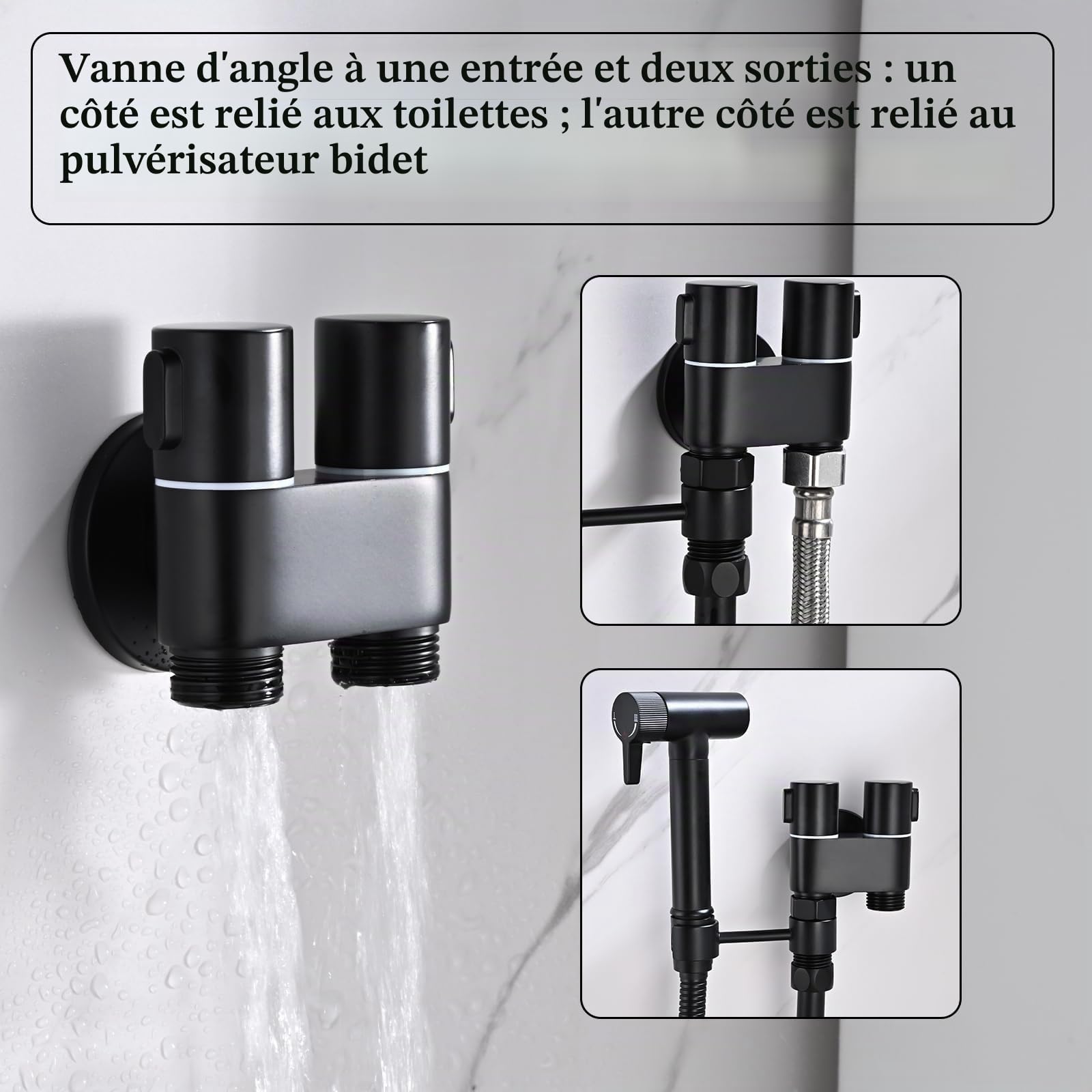Kit Douchette WC Noir, Laiton Douchette Toilette Un Entré et Deux Sortis Douchette WC Kit Complet avec Pulvérisateur de Bidet à 2 Fonctions, 1.2m Tuyau de Douche, Douchette Hygiénique pour WC