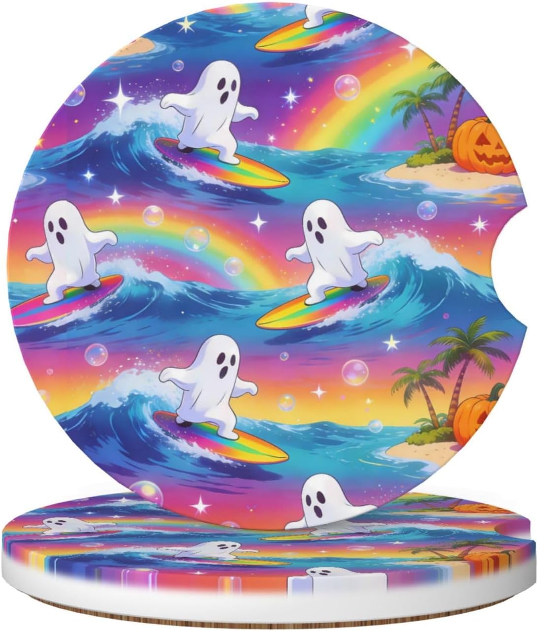 2 Pack Car Coasters Absorbent Ceramic - Halloween Tropical Beach Surfing Ghost Rainbow Decor, 2.56" Anti-Slip Cork Base Cup Holder Coasters, Car Interior Accessories for Women Men
