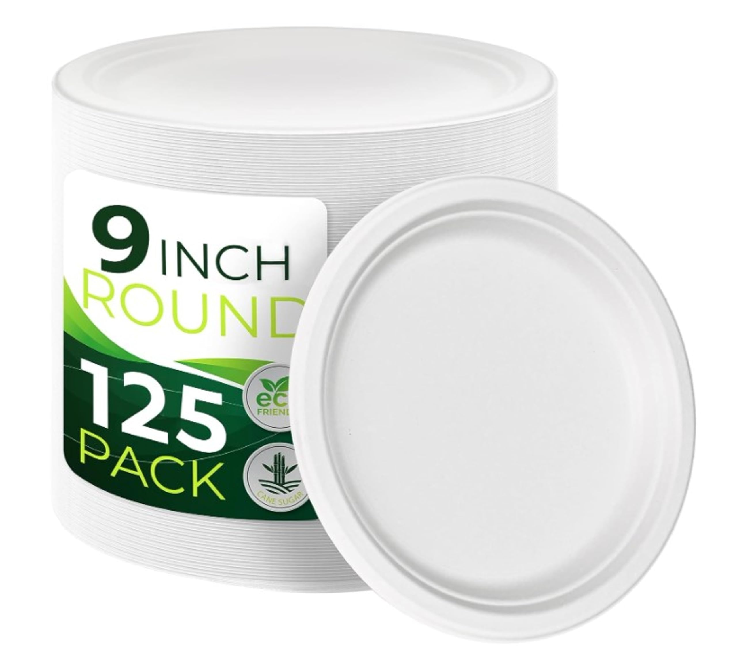 HTL [125 Pack] Compostable Disposable Paper Plates made of 100% Bagasse Natural Biodegradable Eco-Friendly Sugarcane| PFAS Free| Super Strong - 9" White