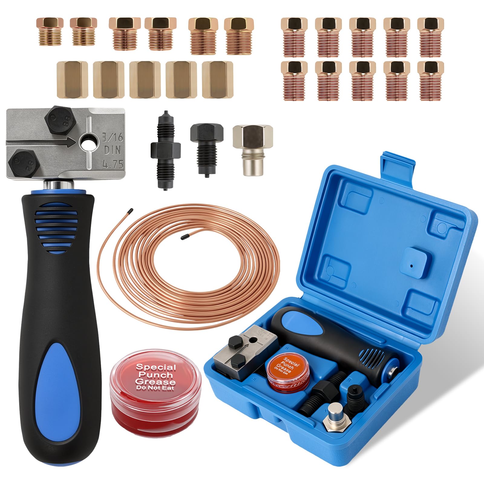 Poweka Kit de Herramienta Abocardar Tubos Freno DIN, 4,75 mm (3/16") Universal Herramienta para Bordes de Tubos de Freno, 7,62 m Cable de Freno con 16 Racores y 5 Conectores