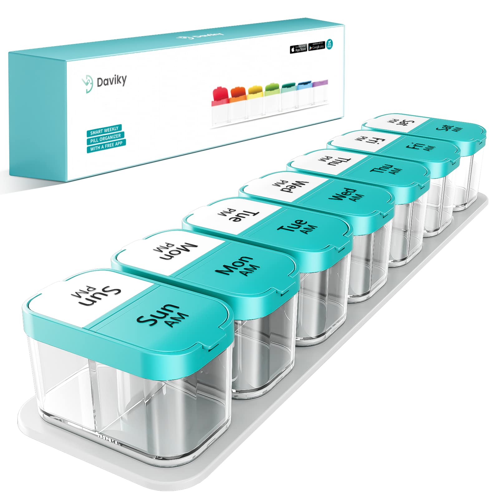 Daviky Large Weekly AM PM Pill Organizer - 7 Day, 2 Times a Day With Extra Large Compartments for Vitamins, Medicine, Supplements (Cyan)