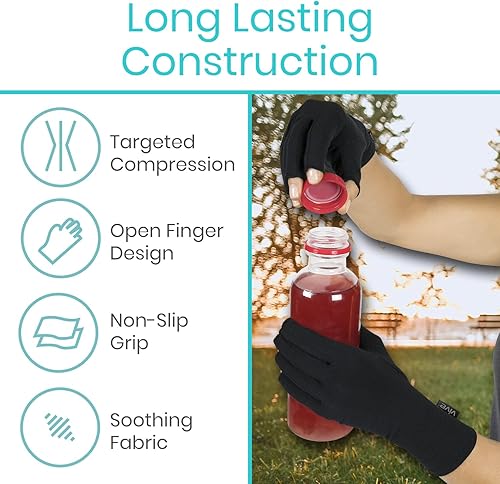 Miniatura 7 de Vive Guantes de artritis reumatoide  Hombres y mujeres envoltura de compresión sin dedos para dolor de mano y osteoartritis  Envoltura de mano negra