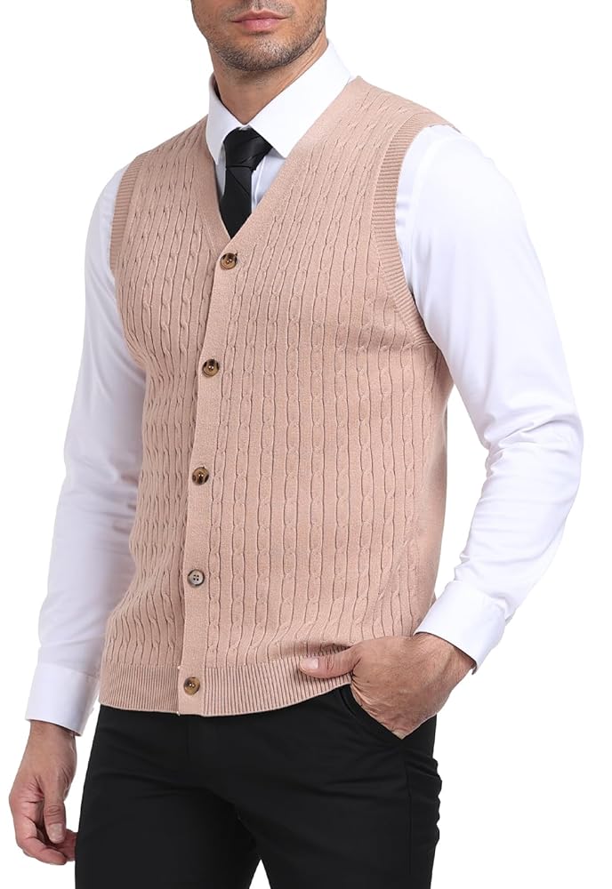 YTD Men's Sleeveless Sweater Vest V-Neck Casual Cable Knit