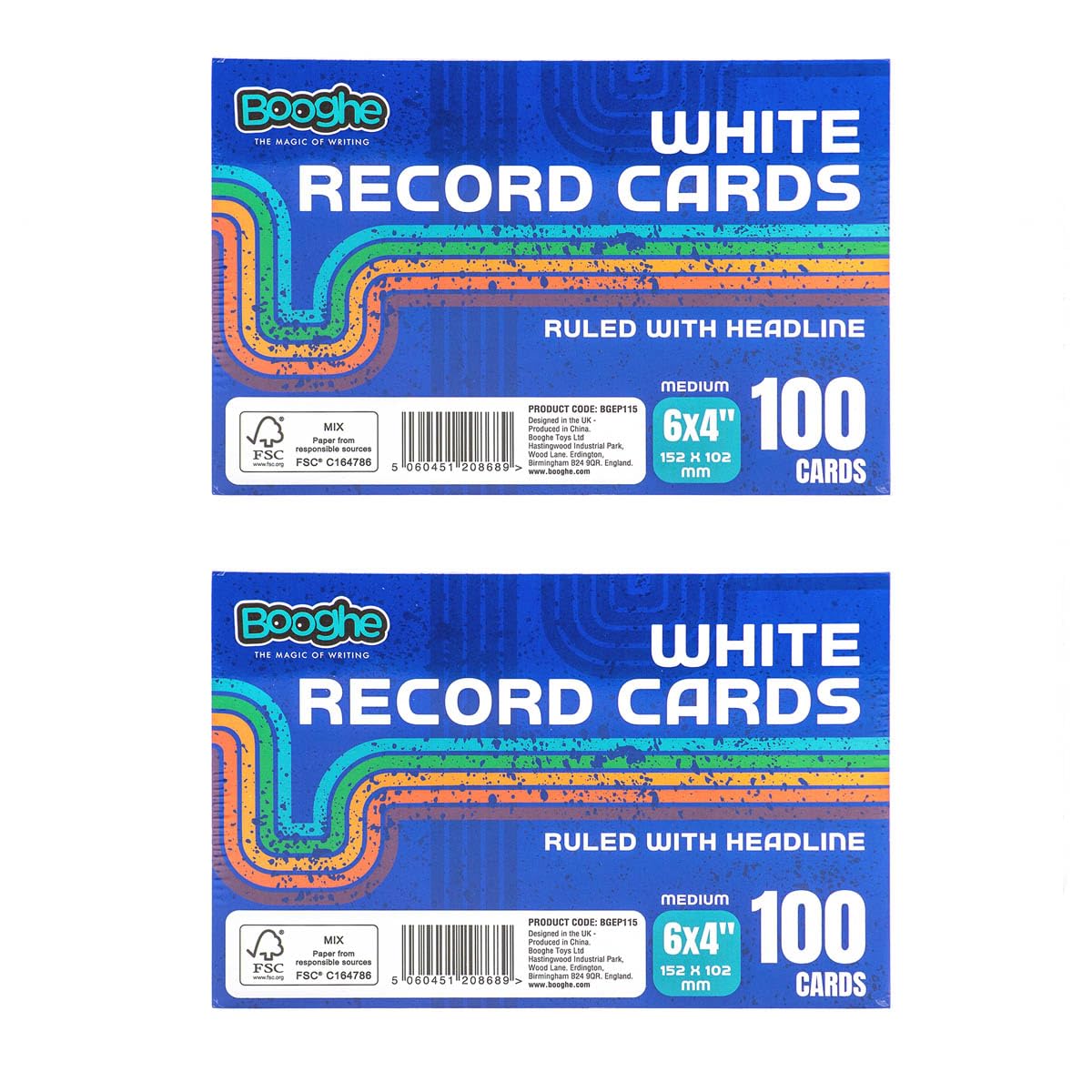 Booghe A6 White Index & Record Cards – 100 Ruled Flashcards with Headline, 6 x 4 Inch (152 x 102mm) – Pack of 2