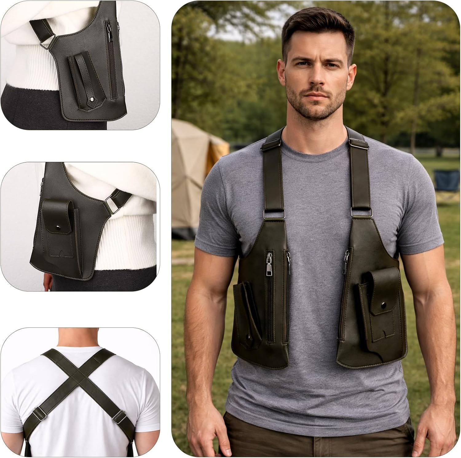 Underarm Shoulder Bag for Men, Double Shoulder Armpit Bag with Adjustable Strap Anti-theft Leather Backpack Underarm Case for Wallet Pocket Phone (Dark Green)