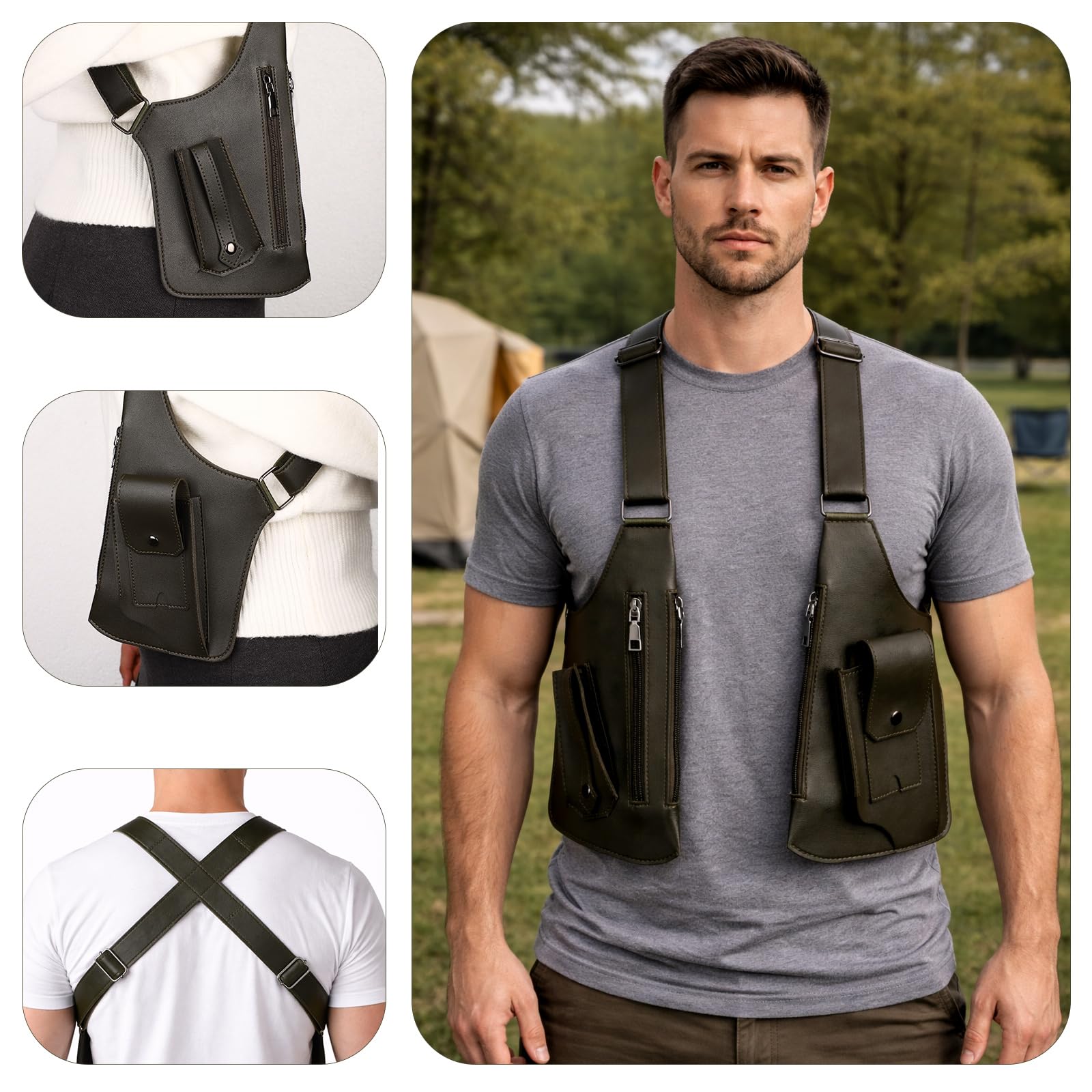 Sac Bandoulière Sous le Bras Homme, Sac à Bandoulière Double avec Sangle Réglable Étui Antivol pour Portefeuille Poche Téléphone (Vert Foncé)