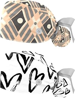 Diamond Lattice Pattern 2 Pcs Unisex Working Cap with Button Sweatband Adjustable Tie Back Bouffant Hats