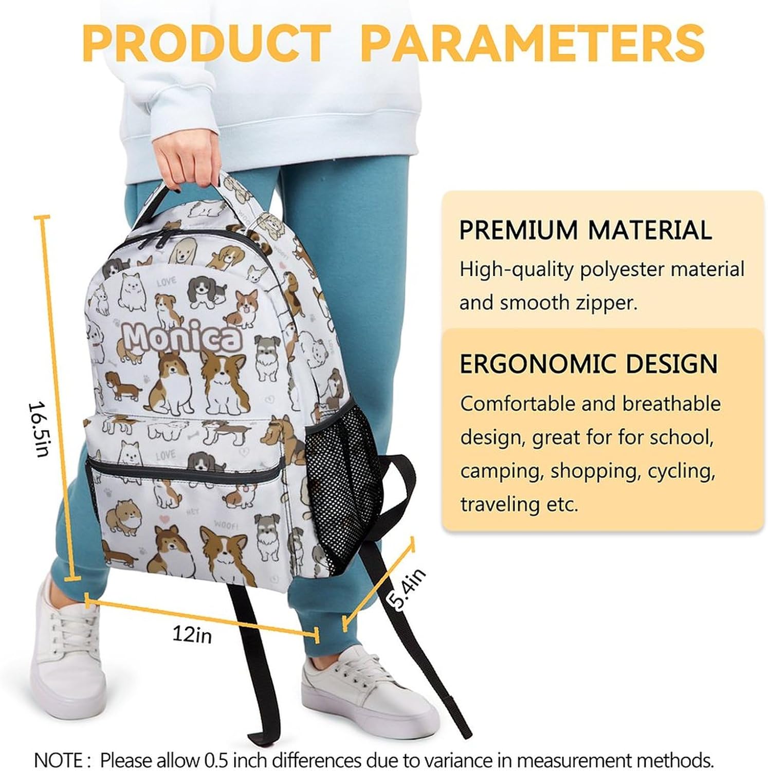 Personalized Kids Boys Girls School Backpack, 16" White Backpacks for School, Cute Dog Pattern Lightweight Bookbag for Elementary