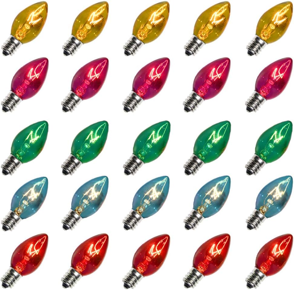 Romasaty 25 Pack C7 Multi-Color Christmas Replacement Bulbs C7 Clear Outdoor String Light Replacement Bulbs, C7/E12 Candelabra Base, 5 Watt