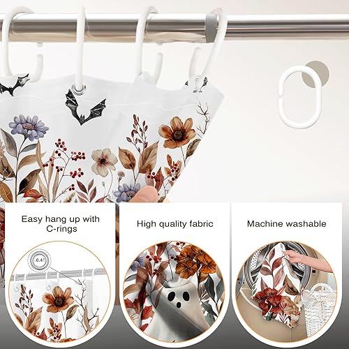 Miniatura 4 de Cortina de ducha de Halloween para baño, cortina de ducha espeluznante con diseño floral de calabaza, fantasma, para decoración de Halloween, diseño