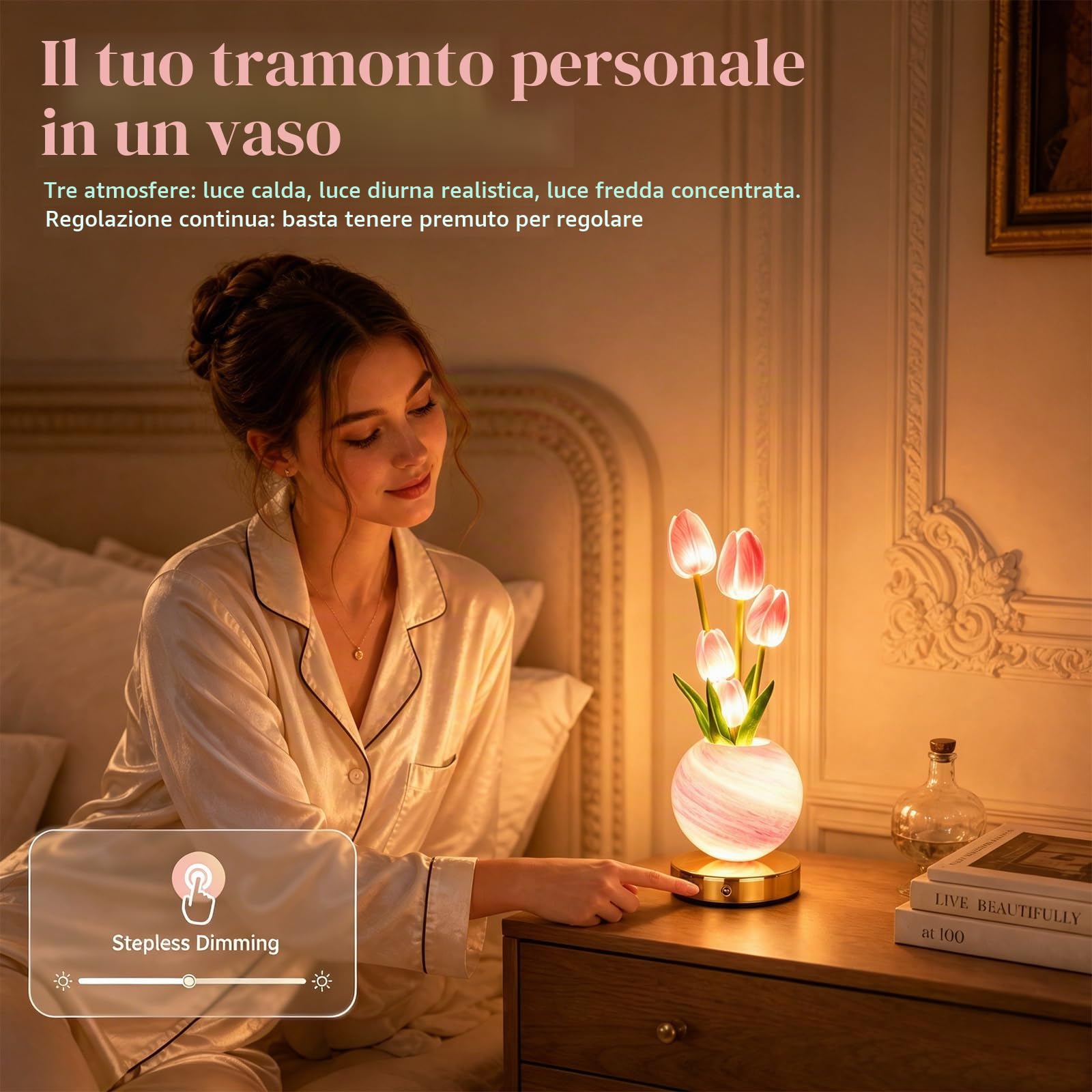 Lampada da Comodino con Ricarica USB, Luce Notturna Tulipano Rosa con 3 Modalità di Colore e Intensità Regolabile, Lampada da Comodino Senza Fili Touch per Camera Regalo di Compleanno per