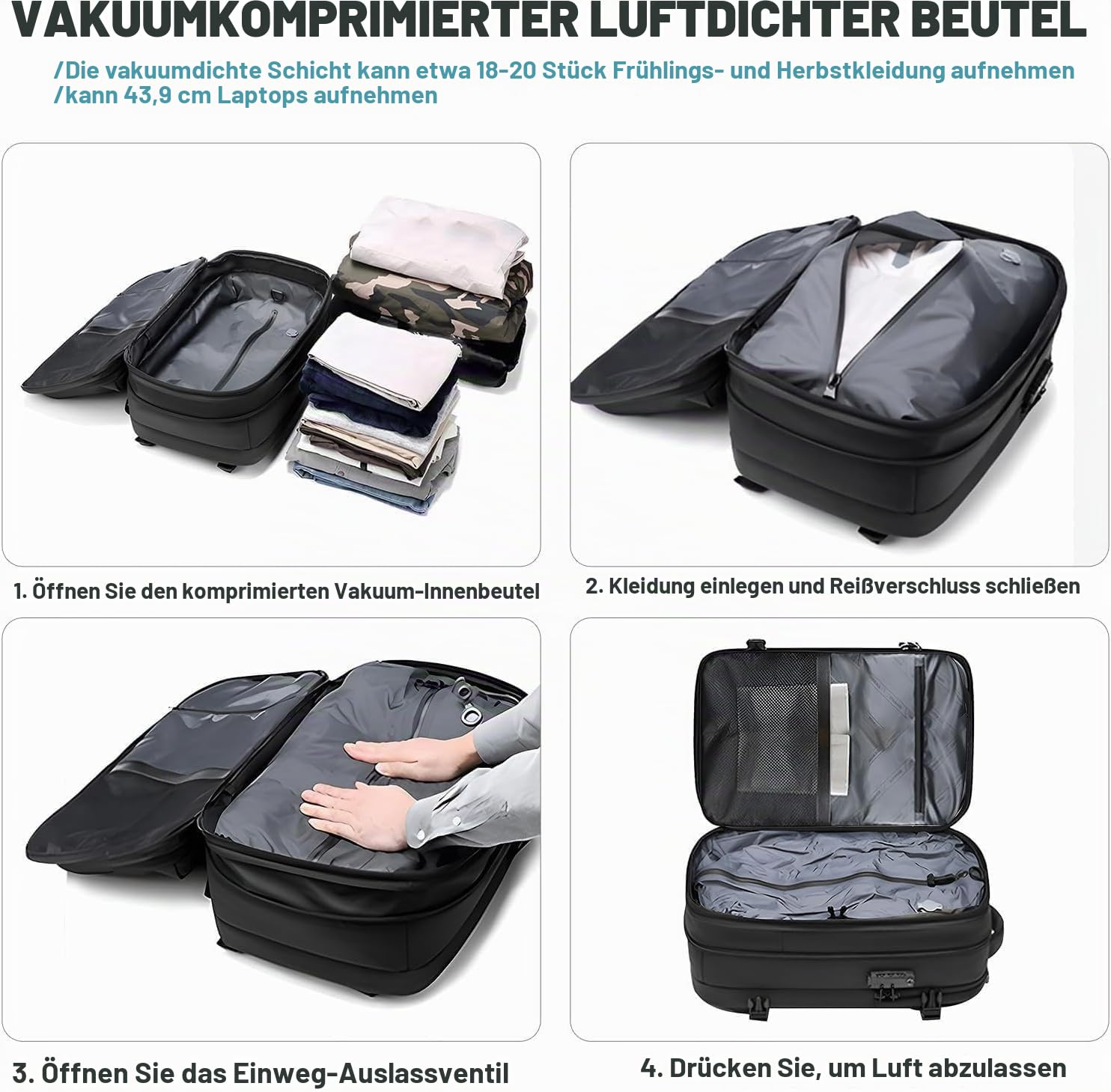 Bewinner Vakuum Rucksack – Wasserabweisender Erweiterbarer 60L mit Vakuum Kompression, Anti Diebstahl Vacuum Backpack für Reisen (GRÜN)