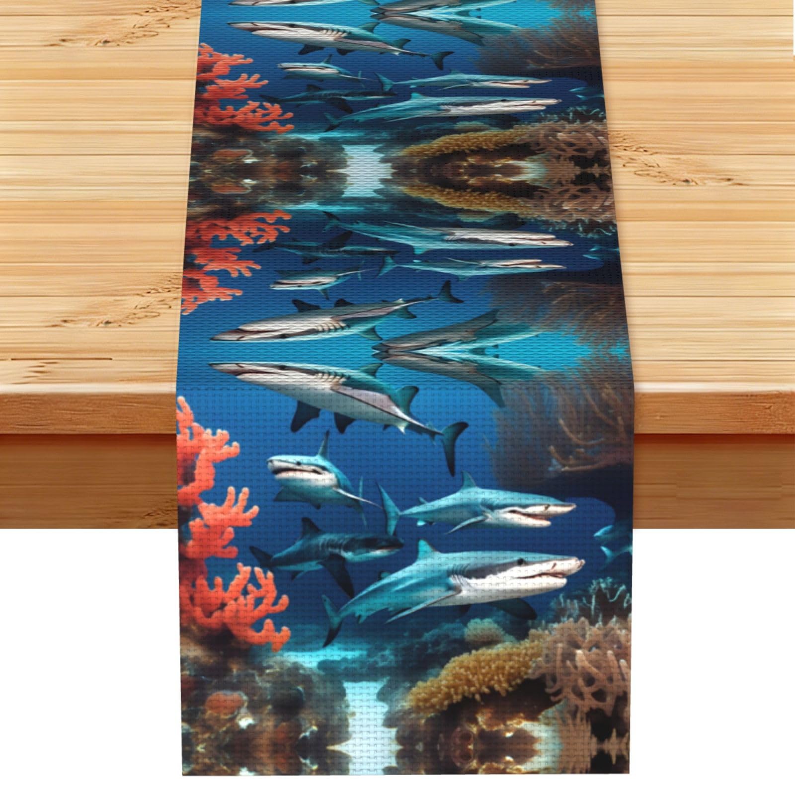 Submarine shark coral Linen Look Table Runner 13x72-Wrinkle Resistant Farmhouse Style for Dining Table Decor
