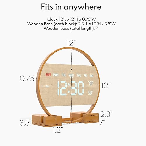 Miniatura 3 de Driini Moderno reloj de pared digital grande  Madera de bambú con pantalla LED grande  Día de la semana, hora, temperatura y humedad  Reloj estético