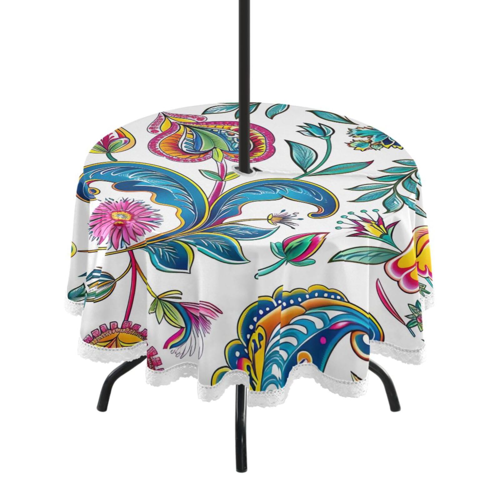 Wajiw 60 Inch Indoor Outdoor Round Tablecloth with Umbrella Hole and Zipper Waterproof Patio Table Cover for Camping Dining Room Party Outdoor Picnic,Paisley