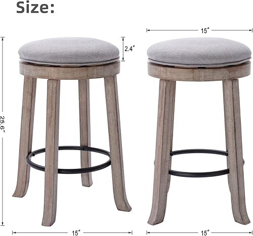 Miniatura 2 de LukeAlon Farmhouse - Juego de 2 taburetes de bar redondos de tela de lino, giratorios de 360 de 25.6 pulgadas de altura de mostrador con patas de