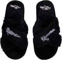 Vista 19 de FOCO Pantuflas deslizantes cruzadas mullidas con logotipo de texto del equipo NFL para mujeres