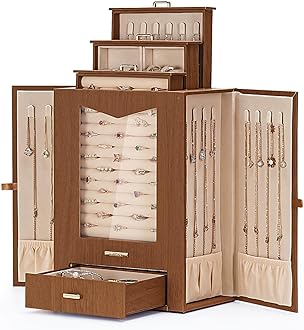 Homde Jewelry Organizer with Transparent Window Necklace Hooks Gift for Women Jewelry Box Display Case for Necklaces Rings Earrings Bracelets and Other Accessories (Brown)