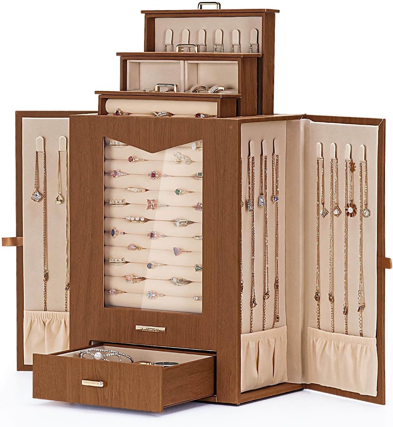 Homde Jewelry Organizer with Transparent Window Necklace Hooks Gift for Women Jewelry Box Display Case for Necklaces Rings Earrings Bracelets and Other Accessories (Brown)