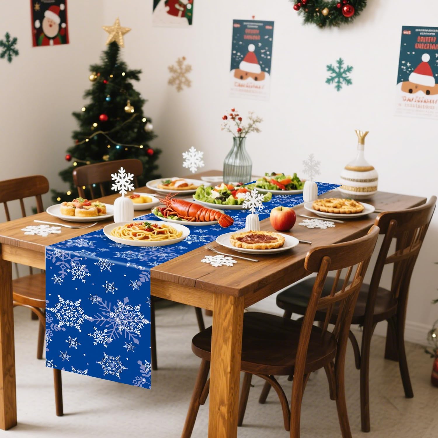 Christmas Snowflake Table Runner, 6 Pcs Blue Snowflake Printed Table Runners for Winter Theme Party Xmas Decorations, 14 x 108 inch