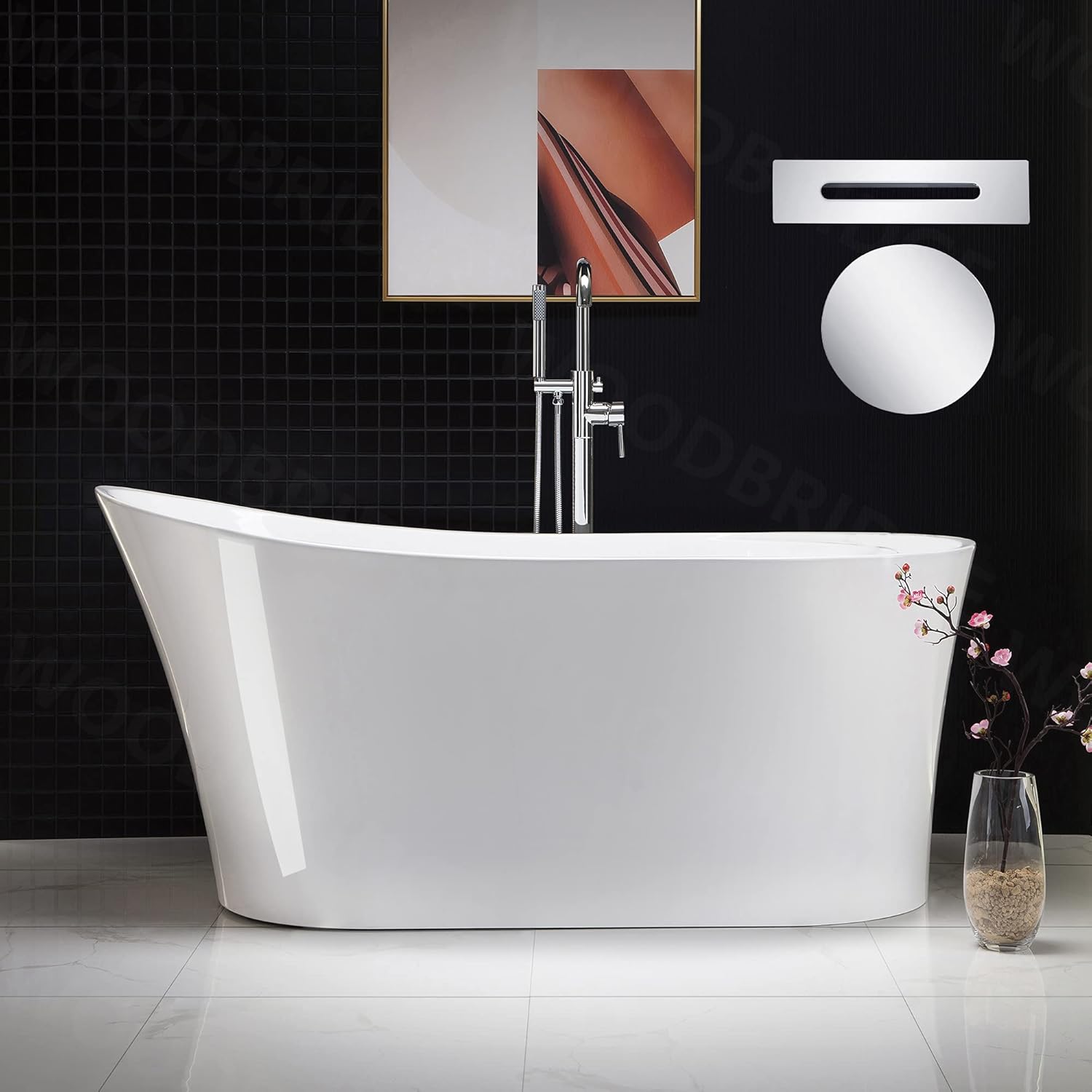 WOODBRIDGE 59" Acrylic Freestanding Bathtub Contemporary Soaking Tub with Chrome Overflow and Drain BTA0083-C,White