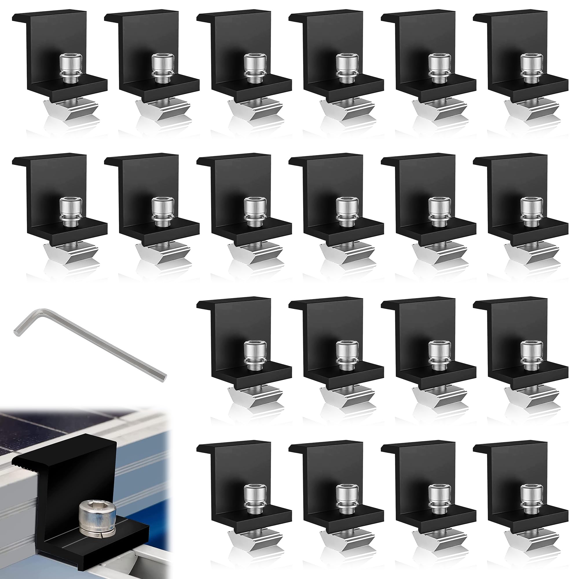 Staffe Pannelli Fotovoltaici: Kit di 20 Morsetti Terminali Pannello Solare 30 mm Supporto Modulo Solare in Lega di Alluminio con Dadi e Viti