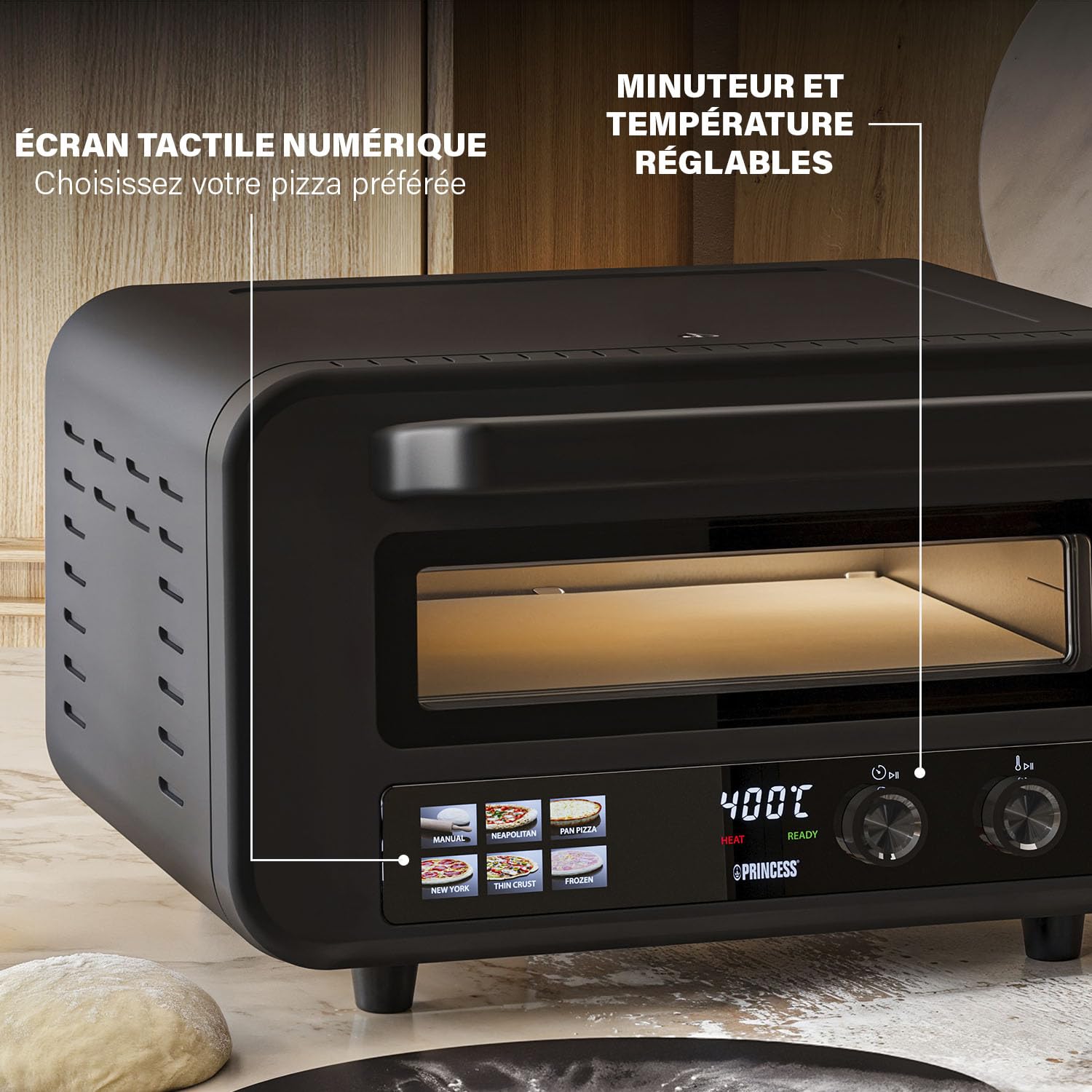 Princess Four à Pizza Pro Max, 15L, 400°C, 2100W, Commandes Tactiles, Pierre et Pelle Incluses, Chaleur Haut/Bas, Minuterie, Compact et Portable, Utilisation Intérieure/Extérieure, 112780