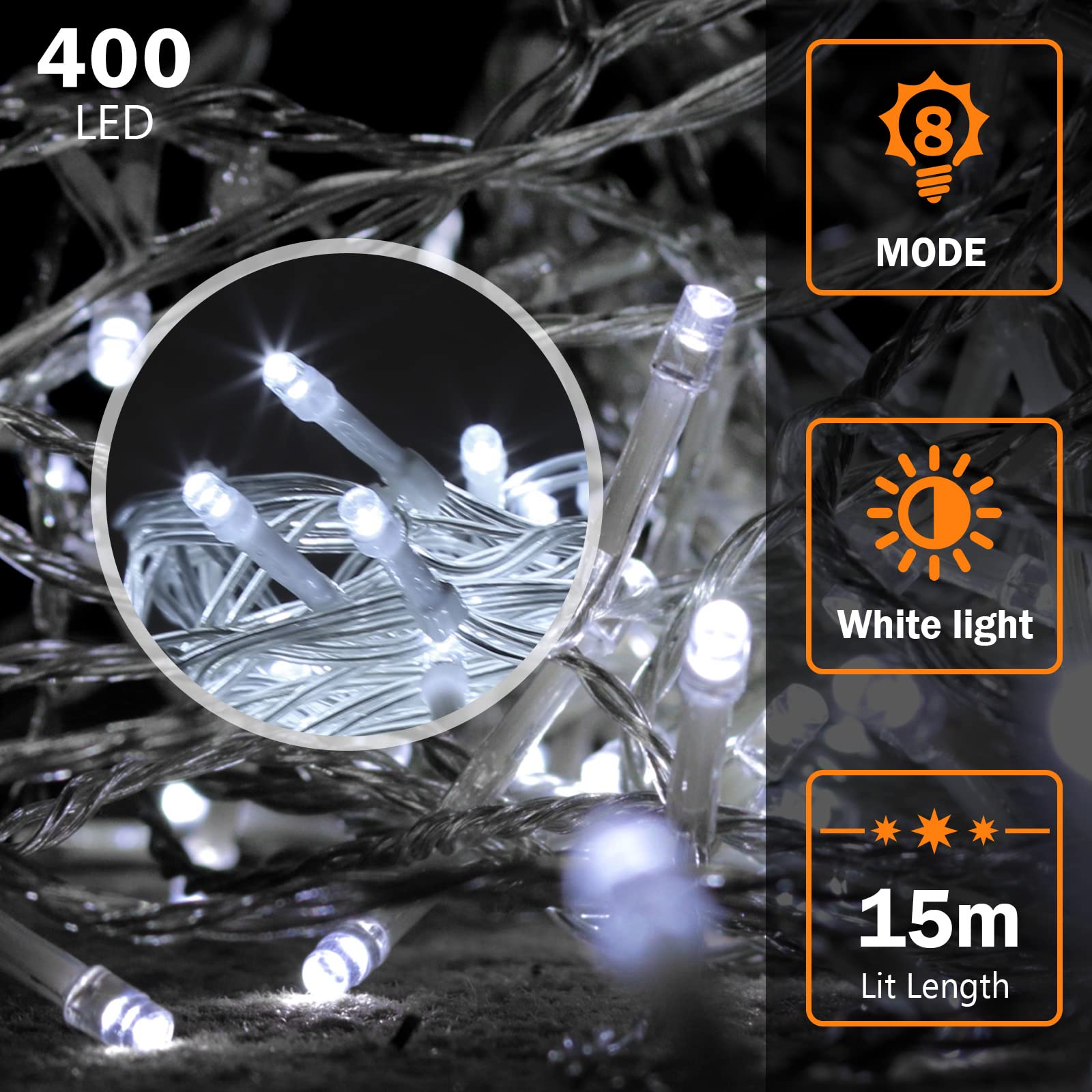 Ikodm Łańcuch świetlny z 400 diodami LED, kurtyna świetlna 10 m, wodoszczelność IP44, 8 trybów pracy, do użytku na zewnątrz, do sypialni, na wesele, Boże Narodzenie, imprezę, zimna biel